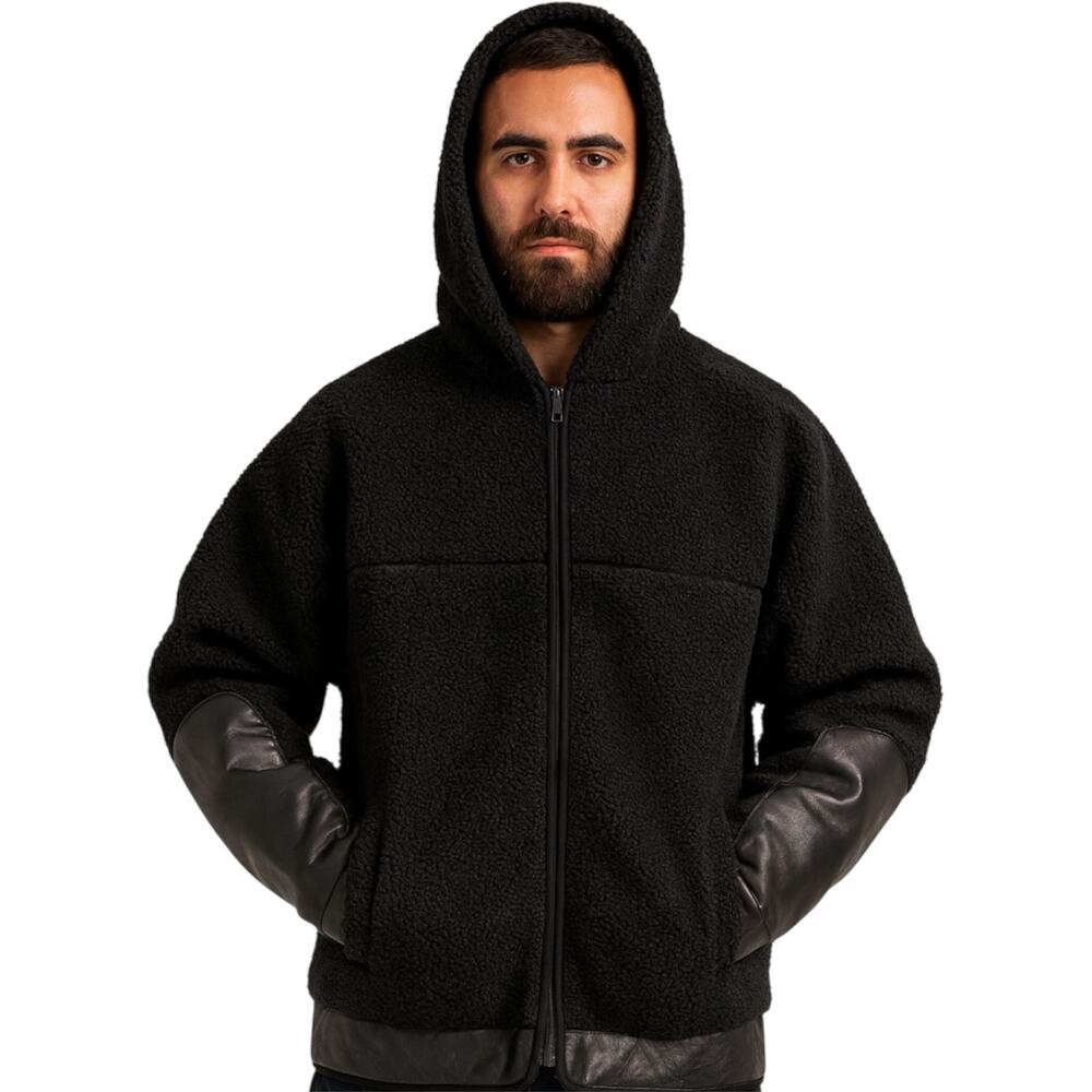 Burton Sherpa Jacket Full Zip Hoodie Leather Elbow Patches Snowboarding Black L